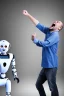 Placeholder: man screaming at a robot