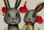 Placeholder: Cute rabbit diabolical smiling with a bloody knife with blood. Watercolour