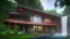 Placeholder: modern house by a big water falls in a karstic montain rain forest