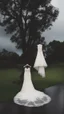 Placeholder: A wet washed wedding dress drying on a rob in a stormy foggy sky in the background