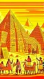 Placeholder: Ancient pyramids with homes around. African men and women buying and selling goods