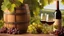 Placeholder: Bottles and wineglasses with grapes and barrel in rural scene background. Traditional winemaking and wine tasting.