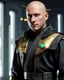 Placeholder: star wars bald male corellian pilot wearing dark gunmetal grey and black First Order special forces TIE pilot armored flightsuit and helmet with gold trim inside the jedi temple, centered head and shoulders portrait, hyperdetailed, dynamic lighting, hyperdetailed background, 8k resolution, volumetric lighting, light skin, fully symmetric details