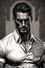 Placeholder: David Gandy Very muscular man short cropped hair and rough beard, tribal tattoos wearing white button up shirt, realistic face, close-up, dark fantasy, interrogation room, intricate details, hyper detailed