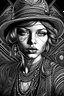 Placeholder: female portrait of a female gangster in line art style intricate details 18k