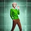 Placeholder: short blonde hair, green sweater, black pants, woman falling through glass shards, pan in the hand, brown shoes, side view, no ground