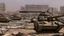 Placeholder: Israeli soldiers and tanks stand on a very large chessboard in the middle of a destroyed city