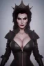 Placeholder: Amy Dumas as evil queen in black leather, leather, busty, cleavage, angry, rage, stern look. character design by cory loftis, fenghua zhong, ryohei hase, ismail inceoglu and ruan jia. unreal engine 5, artistic lighting, highly detailed, photorealistic, fantasy