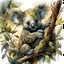 Placeholder: Watercolor and ink illustration of a Koala bear cub clinging to a gnarled eucalyptus branch by Guymick Cormic, reclining amidst tall grass and ferns, surrounded by dense, leafy foliage and wildflowers bathed in the amber glow of sunrise, featuring Brian Froud's fantastical influences combined with the dramatic, fluid styles of Carne Griffiths and Alberto Seveso, 60-30-10 colour harmony evident, mystical symbols interwoven, vibrant splashes Modifiers: elegant extremely detai