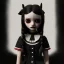 Placeholder: Jenna ortega with wednesday addams black dress,soft goth libstick, wednesday addams make up, overknee socks, dramatic lighting, highly detailed oil painting, volumetric lighting