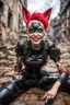 Placeholder: Closeup Tank girl smiling, lying pose, rabbit mask, red and black short hair, latex suit, ragged clothes, fullbody, dieselpunk, valves and old city behind, the perspective looking up from the bottom of an empty well , 8k,macro photography,