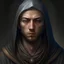 Placeholder: A young male monk with a shaved head, an auburn beard and brown eyes. He has a strong jaw and a prominent nose with several, deep scars on his face. He is dressed in simple, grey-blue robes with a hood. His religious symbol, a white heart carved from wood, hangs around his neck.