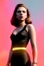 Placeholder: retro portrait image from 1960, New York explosion, long hair, young Scarlett Johansson, classic black tight lycra suit, weapon metal sticks, gold bracelet and belt, high heel boots, soft color, highly detailed, unreal engine 5, ray tracing, RTX, lumen lighting, ultra detail, volumetric lighting, 3d, finely drawn, high definition, high resolution.