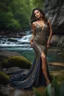 Placeholder: full shot body photo of the most beautiful artwork in the world featuring model, happy mood, High Detail, dramatic, photo realistic, ultra sharp, ultra hd, hyper realistic, ultra realistic, ((((dress)))), trending on artstation, sharp focus, studio photo, intricate details, highly detailed, standing in nice pose in country side with river ,water fall ,rocky valley,mountains at background, pretty clouds