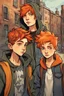 Placeholder: Act like a book cover designer. Use graffiti style. Three teenagers (13-15 years old) - two boys brothers with ginger hair and frickles with a brown-haired girl and with a grimy black cat. Environment: old town.