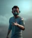 Placeholder: Realistic image, waist up view, a guy making the fuck you gesture with his hand, blue smoke coming out of his eyes, nose and mouth. Happy, smile, soft color, highly detailed, unreal engine 5, ray tracing, RTX, lumen lighting, ultra detail, volumetric lighting, 3d, finely drawn, high definition, high resolution.