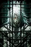 Placeholder: Wagnard Record of Lodoss War, oldschool, insane, ghost in the shell art style, in the art style of Record of Lodoss War, Dark Fantasy, dark knight, tied up in cage, male, white hair,