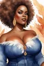Placeholder: create a watercolor illustration of a plus size dark skinned black female wearing Tight blue jeans and a hazel brown off the shoulder blouse. Prominent make up with long lashes and hazel eyes. She is wearing brown feather earrings. Highly detailed full black tight curl afro