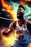 Placeholder: 8k, highly realistic and detailed image of a NBA basketball player in action dunking the ball in the net, sweaty hair, screaming look,action and smoke and flames background