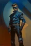 Placeholder: 1970's dark fantasy cover dnd style oil painting of a cyborg detective with sport outfits with minimalist far perspective. Magazine.