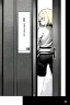 Placeholder: blonde girl with short jacket and shorts runs in a corridor in front at a mystery door, back view, manga page, grayscale