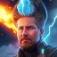 Placeholder: A commander wearing a matte black helmet with flaming eyes with flaming light blue pupils Two infinity gauntlets contain six infinity stones, one of which is made with nano In the hands of a powerful man walking