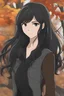 Placeholder: Young woman with long and wild black hair, gray eyes, wearing black and gray clothes, autumn trees in background, c hands, RWBY animation style