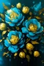 Placeholder: painting of turquoise Peonies flowers with gold flowers in center of canvas dark blue background