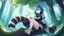 Placeholder: Girl, blue hair, raccoon ears, raccoon tail, raccoon face, forest, sit on tree, raccoon paws on hand, paws on foot,