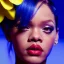 Placeholder: Rihanna as smurf with yellow flowers for hair,zoom eyes, closed eyes, rtx, reflection, 8k, glow, winning photography, caustics