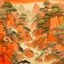 Placeholder: A light rosy orange colored oriental gorge with pandas designed in Chinese paper art painted by Qiu Ying