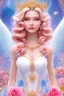 Placeholder: Magnifique woman, lady fairy, facing happy, voluptuous white, pink enchanted flowers, wings magic, long big dress, pink outerspace stars planets, Beautyful smiling, young woman, long hair amazing blue eyes, flowers, happy cosmic, bright colors, blue, pink, gold, jewels, realistic, photo real, clear sunny background, highly detailed, high contrast, 8k high definition, unreal engine 5, extremely sharp detail, light effect, sunny light background