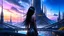 Placeholder: skinny sci-fi girl with long dark hair on an alien planet with tall spires, buildings, bridges, and arches