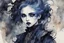 Placeholder: an deeply abstract ink wash and watercolor illustration of a Goth vampire girl with highly detailed hair and facial features , in the abstract expressionist style, indigo and jasper, ragged and torn Victorian costumes, hard , gritty, and edgy depictions, full body, fullshot, vibrant forms, Shironuri and Mori Kei aesthetic, ethereal, otherworldly