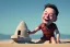 Placeholder: Elon musk as a Happy baby building a rocketship sandcastle on the beach