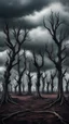 Placeholder: In the center there are many creepy dead trees in a row, gloomy clouds