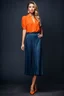 Placeholder: full body of very beautiful lady midi blue pleated skirt and orange bluse , Braided hair ,standing idle happy pose in studio pretty makeup,dark background