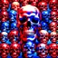 Placeholder: a picture of a dark, comedic, anatomically correct wall of red white and blue tightly packed stacked skulls of varying sizes and expressions, photo realistic, insanely meticulous, highly detailed, part of a collection of bones on display, 64k, dystopian, vray, anatomically correct, war trophies, memorabilia,