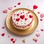 Placeholder: A Valentine's Day cake on a gold plate decorated with small hearts, all completely visible on a white background