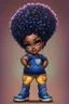 Placeholder: vibrant psychedelic pop punk image, airbrush, 48k, cartoon art image of a plus size chibi dark skinned Black female wearing a sapphire blue jean outfit with timberland boots. Prominent make up with brown eyes and lush lashes. Highly detailed tight curly ombre afro