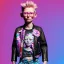 Placeholder: Tilda swinton toddler, full body, leather jacket, floral shirt, floral skirt, Nike sneaker, soft skin, city background, dramatic lighting, hyper realistic