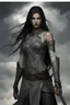 Placeholder: A female elf with skin the color of storm clouds, deep grey, stands ready for battle. Her long black hair flows behind her like a shadow, while her eyes gleam with a fierce silver light. Despite the grim set of her mouth, there's a undeniable beauty in her fierce countenance. She's been in a fight, evidenced by the ragged state of her leather armor and the red cape that's seen better days, edges frayed and torn. In her hands, she grips two swords, their blades spattered with an eerie green blood