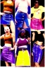 Placeholder: year 1996 denim fashion. Loose skirt, low waist. Colors: denim blue, blue, purple, cream, khaki, light green, lilac, plum, orange, terracotta, red, light yellow, pink, dark blue, beige. Latex in small part. Cheetah pattern. Gwen Stephani, Missy Elliot, Shirley Manson.Cargo pants