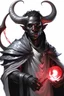 Placeholder: En Young male black skin black hair tiefling Wizard with large horns fra dnd. a book with Arcane Magic floating in front of him. in a silver and White Rope and a silver cloak. His horn a perfectly place on acet from the front to the back pointing upwards with glowing Red cat Eyes. His close is elegant get simple. Casting and ice spell