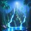 Placeholder: turquoise neon waterfall with palm trees sparkling at night in a cave detailed realistic glowing