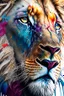 Placeholder: "lion", clean design, epic Instagram, art station, splash of colorful paint, contour, ((solid white background)), closeup, looking into camera, hyperdetailed intricately detailed, unreal engine, fantastical, cinema lighting, intricate detail, splash screen, complementary colors, fantasy concept art, 8k resolution, DeviantArt masterpiece, watercolor, paint dripping