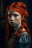 Placeholder: A red-haired girl with freckles. Oil portrait style. The fantasy genre. A girl with a bow and a long dress.