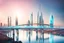 Placeholder: Dreamlike Skyline of Downtown futuristic hightech city in 4050 and a stunning futuristic Bridge During with dark grey clouds in sky, over the azur-silver color river, cold colors, come storm, high detalied, sci-fi, landscape