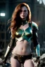 Placeholder: ultrarealistic, ruined city,__skimpy sci-fi armor__, __angles__, 18 year old woman, strikingly beautiful,ginger hair, _colour_, [__starlets__|__starlets__], (pale __skincolor__ skin:1.2), __camera__, _hair_, detailed face and eyes, medium breasts, leather choker, freckles, dynamic pose, resolved expression, __accessory__, strappy outfit, (straps:1.1), sword in scabard on left hip, (buckles, buttons, snaps, rings:1.0), haltertop style breastplate, detailed eyes, plump lips, sci-fi theme