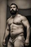 Placeholder: half figure photography of a chubby muscular strong 39-year-old turkish in a discoteque, ajar mouth, shirtless, short beard, bulge, dancing, serious, manly chest, very hairy, side light, view from the ground